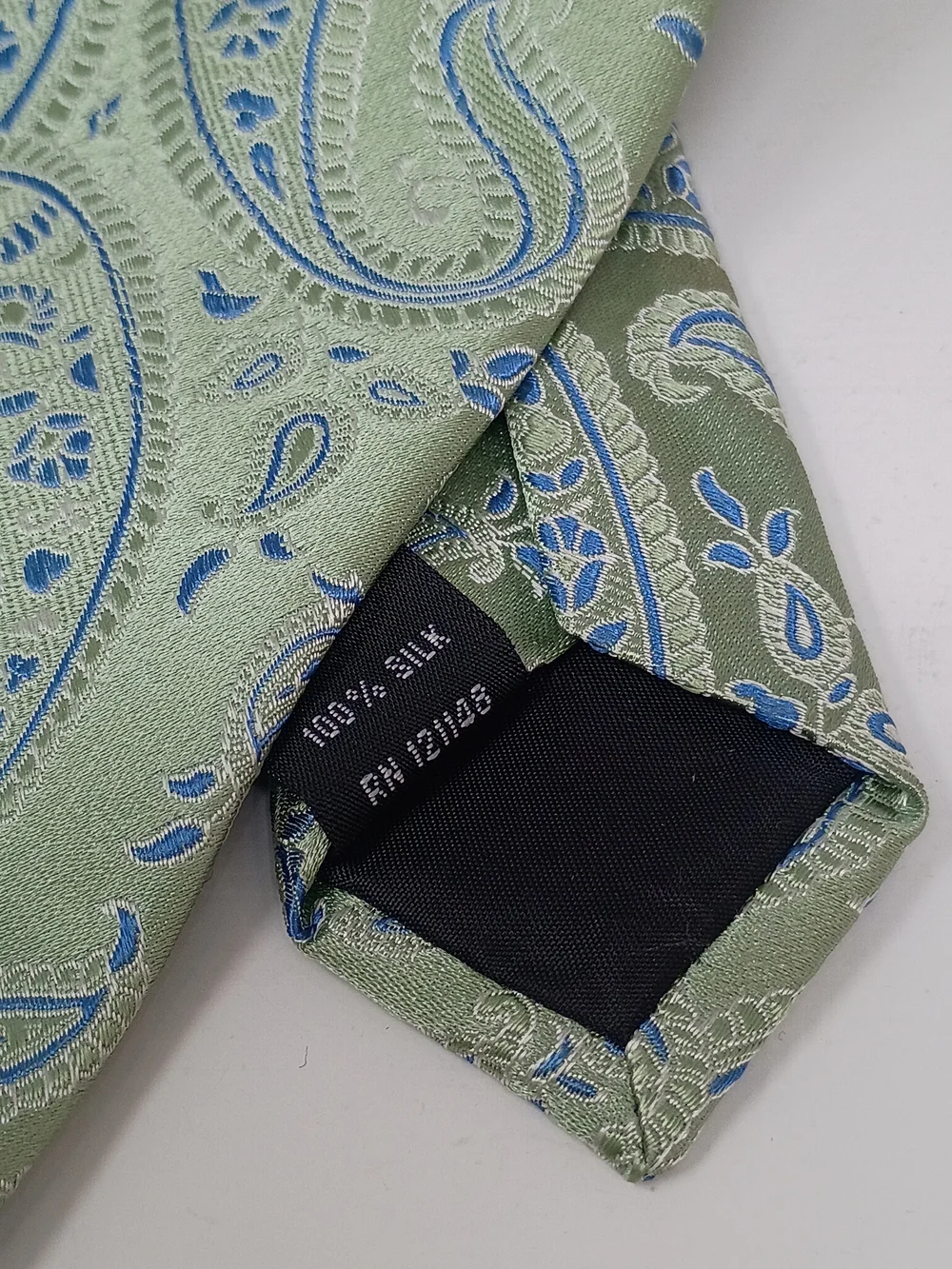 Michael Kors Light Green Paisley Silk Tie with Blue Accents
